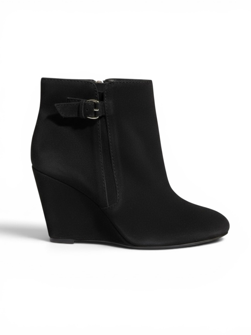 Tila March Paris Black Suede Wedge Ankle Booties Buckle Detail Size 40 (9-9.5)